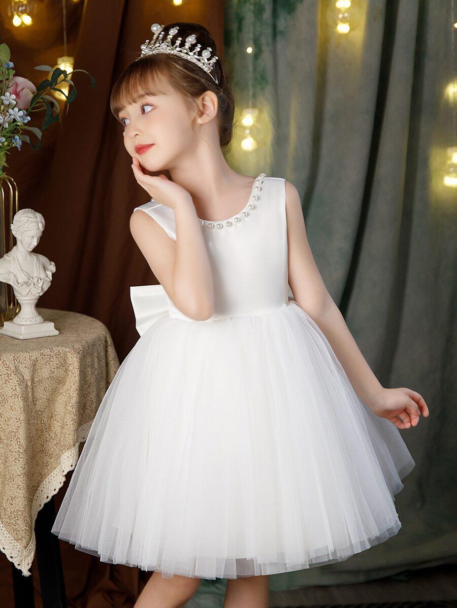 SHEIN BIAŁA SUKIENKA TIUL PERŁY KOKARDA S06__104-110