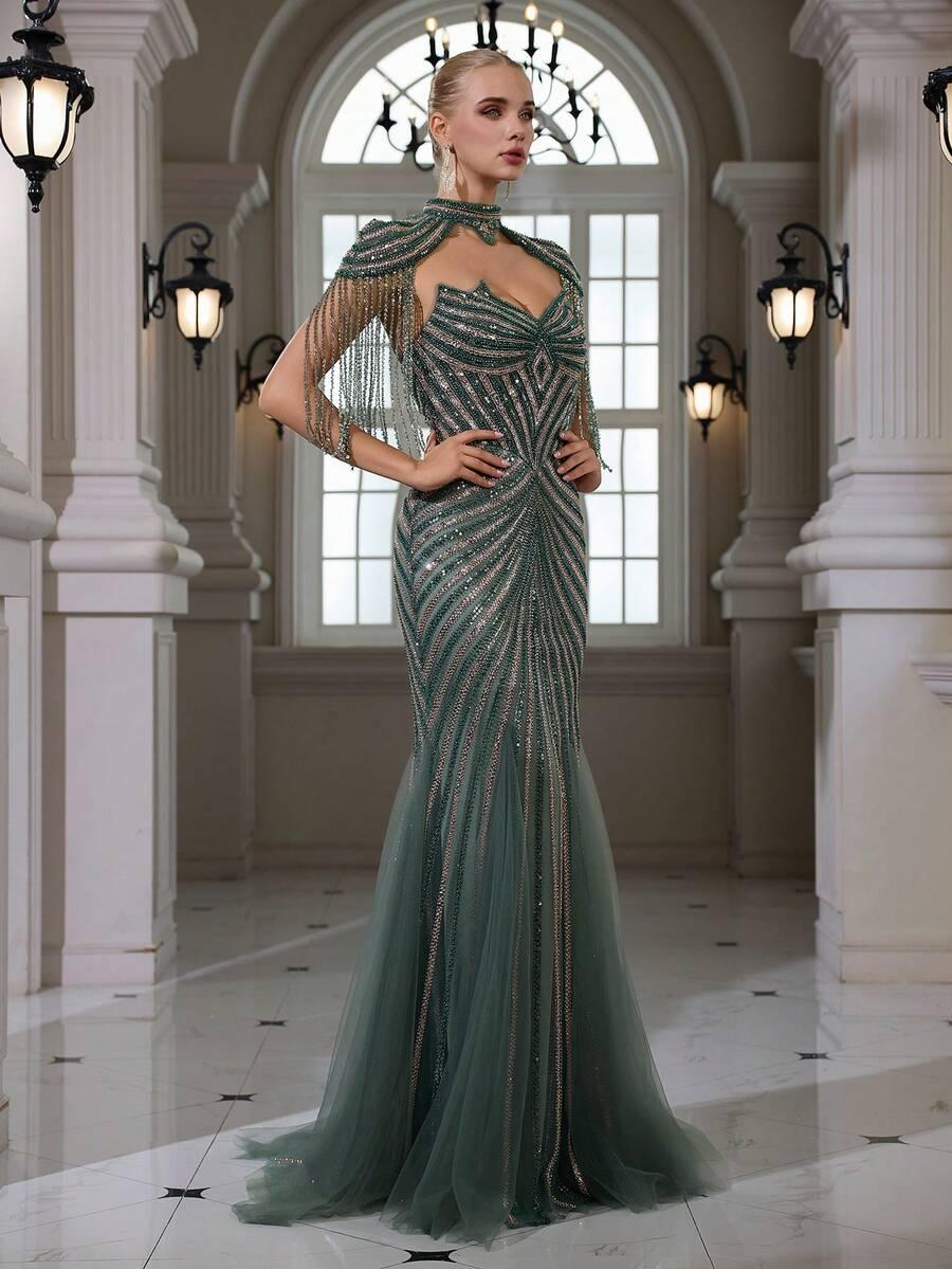 SHEIN ZIELONA MAXI SUKIENKA ZDOBIENIE S06__XL
