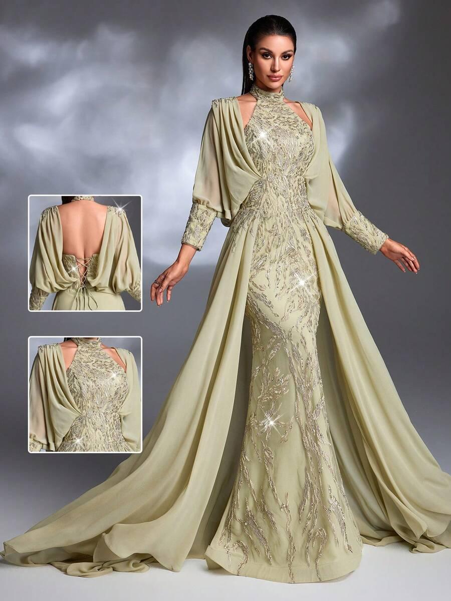 SHEIN ZIELONA MAXI SUKIENKA ZDOBIENIE S06__M