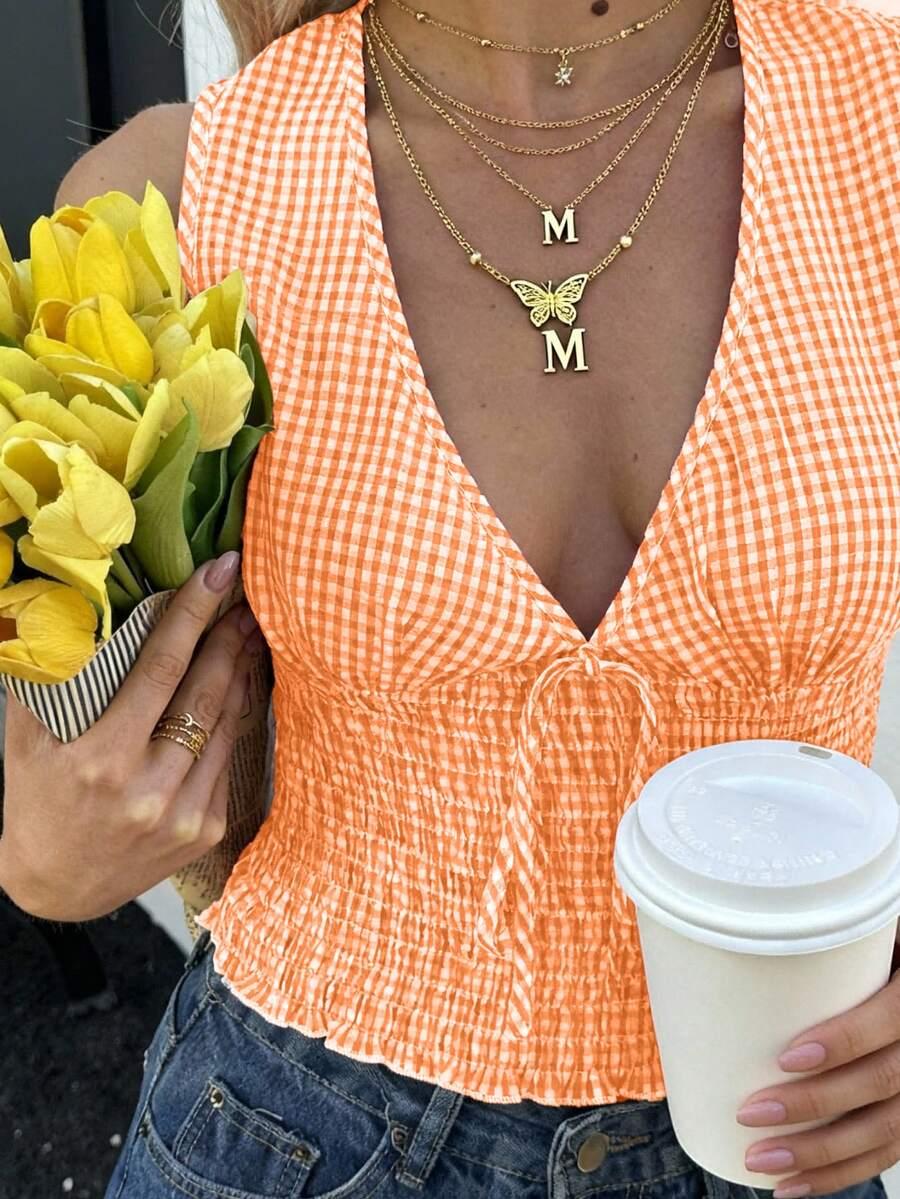 SHEIN POMARAŃCZOWY TOP KRATKA S06__M