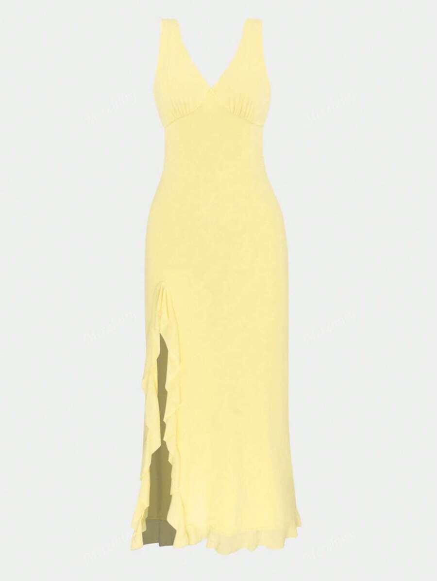 SHEIN ŻÓŁTA MAXI SUKIENKA FALBANA ROZCIĘCIE SIATECZKA PK01__M