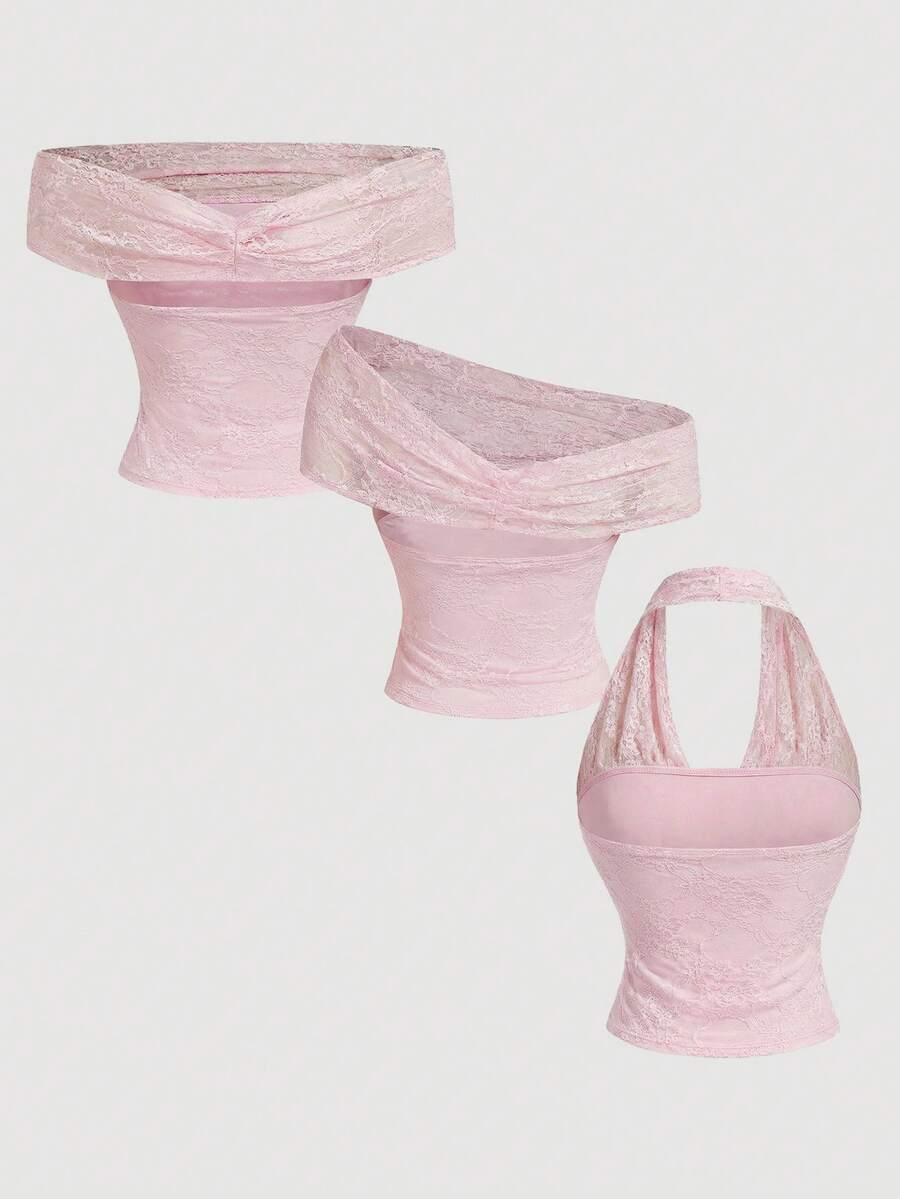 SHEIN RÓŻOWY TOP KORONKA S06__M