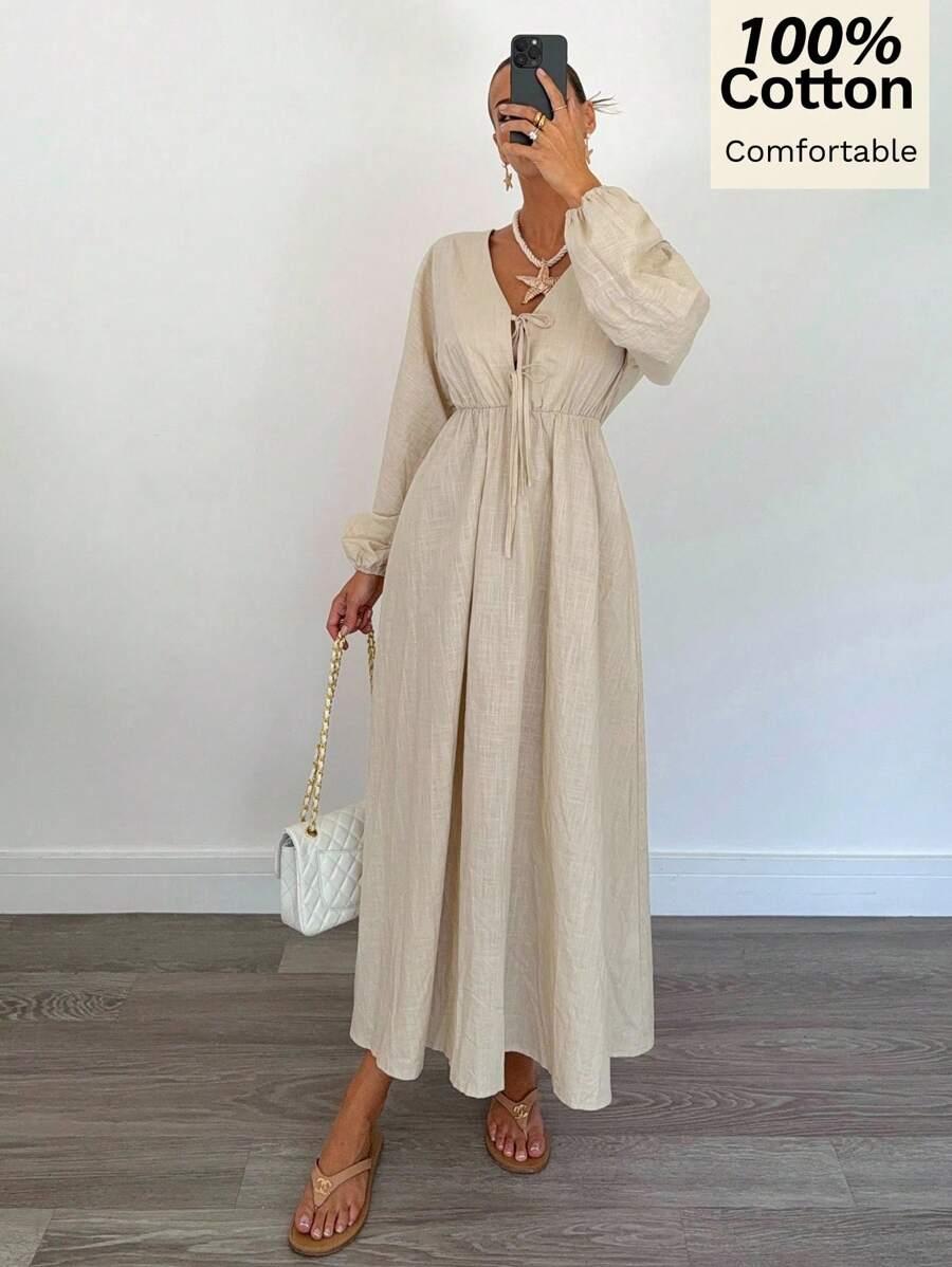 SHEIN BEŻOWA MAXI SUKIENKA WIĄZANIE S06__50