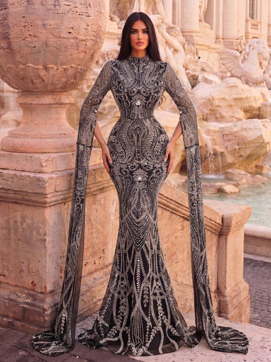 FAERIESTY CZARNA SUKIENKA MAXI ZDOBIENIA POŁYSK S06__S