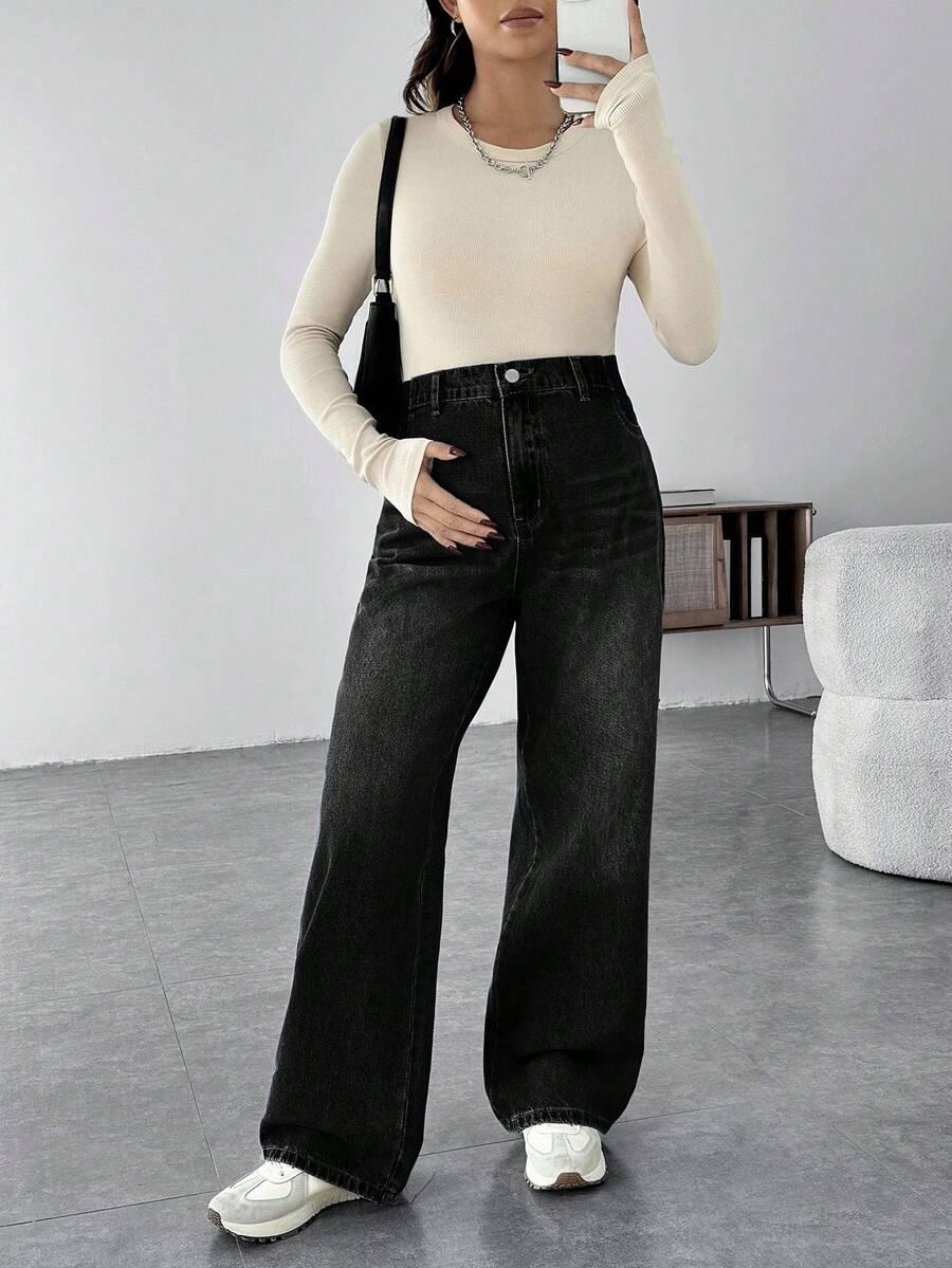 SHEIN CZARNE CIĄŻOWE JEANSY S06__S