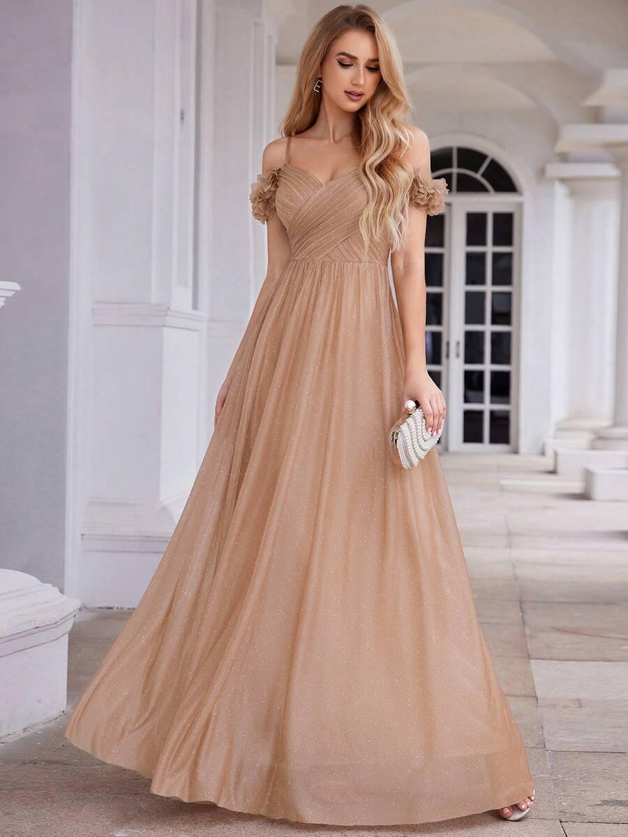 EVERPRETTY BEŻOWA MAXI SUKIENKA ZDOBIENIE POŁYSK S06__M