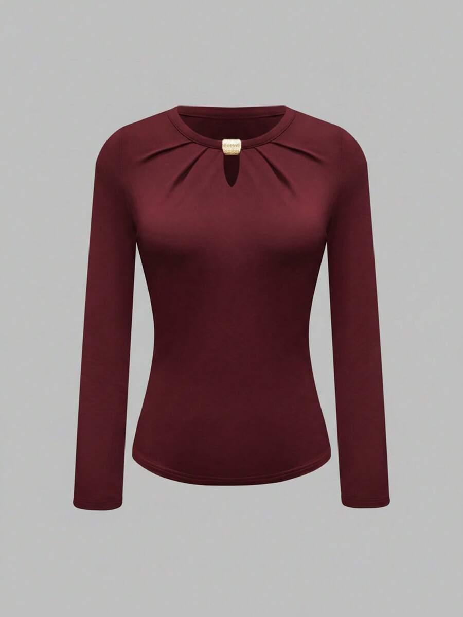 SHEIN BORDOWA BLUZKA DŁUGI RĘKAW ZDOBIENIE S06__M