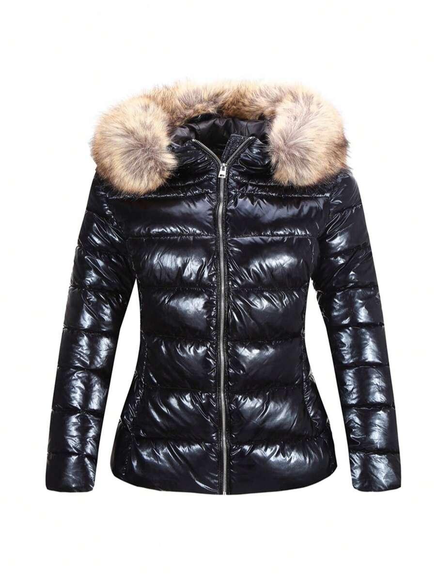 SHEIN CZARNA KURTKA Z KAPTUREM POŁYSK W01__XXL