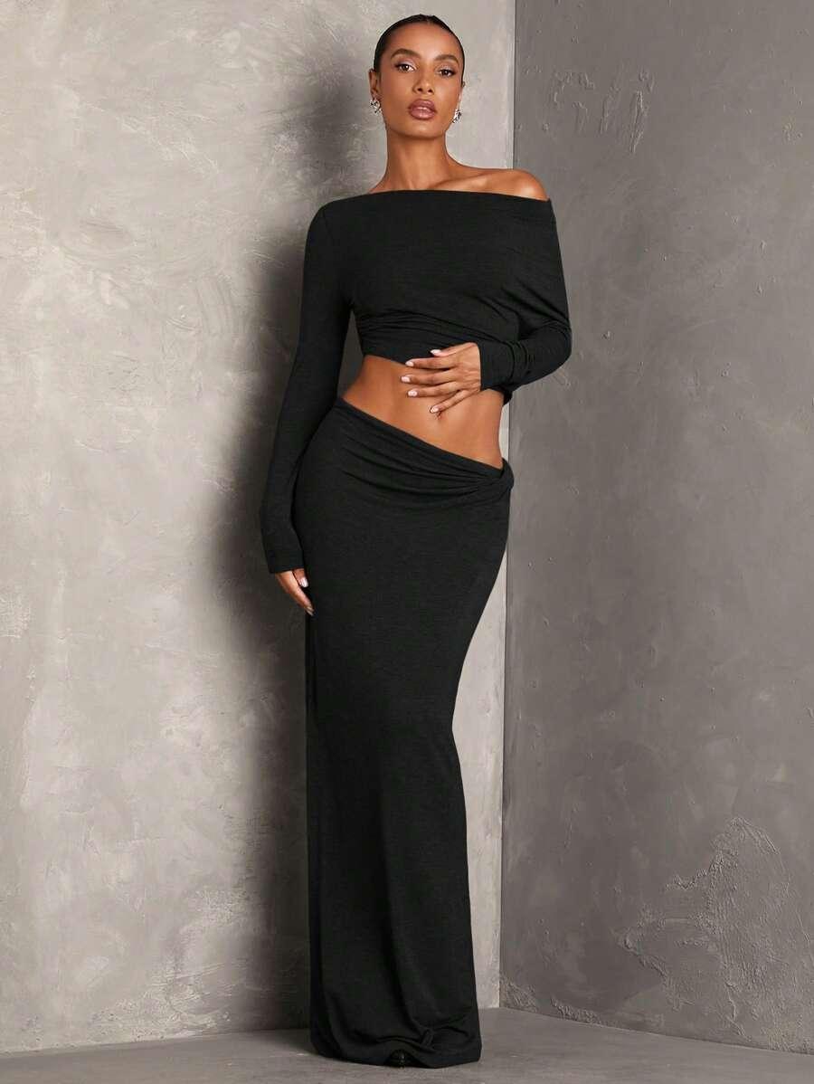 SHEIN CZARNY KOMPLET BLUZKA SPÓDNICA S06__M