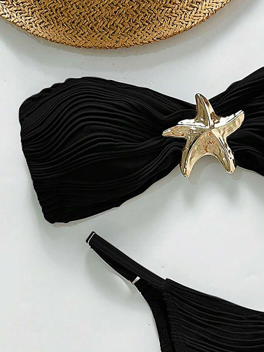 SHEIN CZARNY DWUCZĘŚCIOWY STRÓJ KĄPIELOWY ZDOBIENIE S09__S