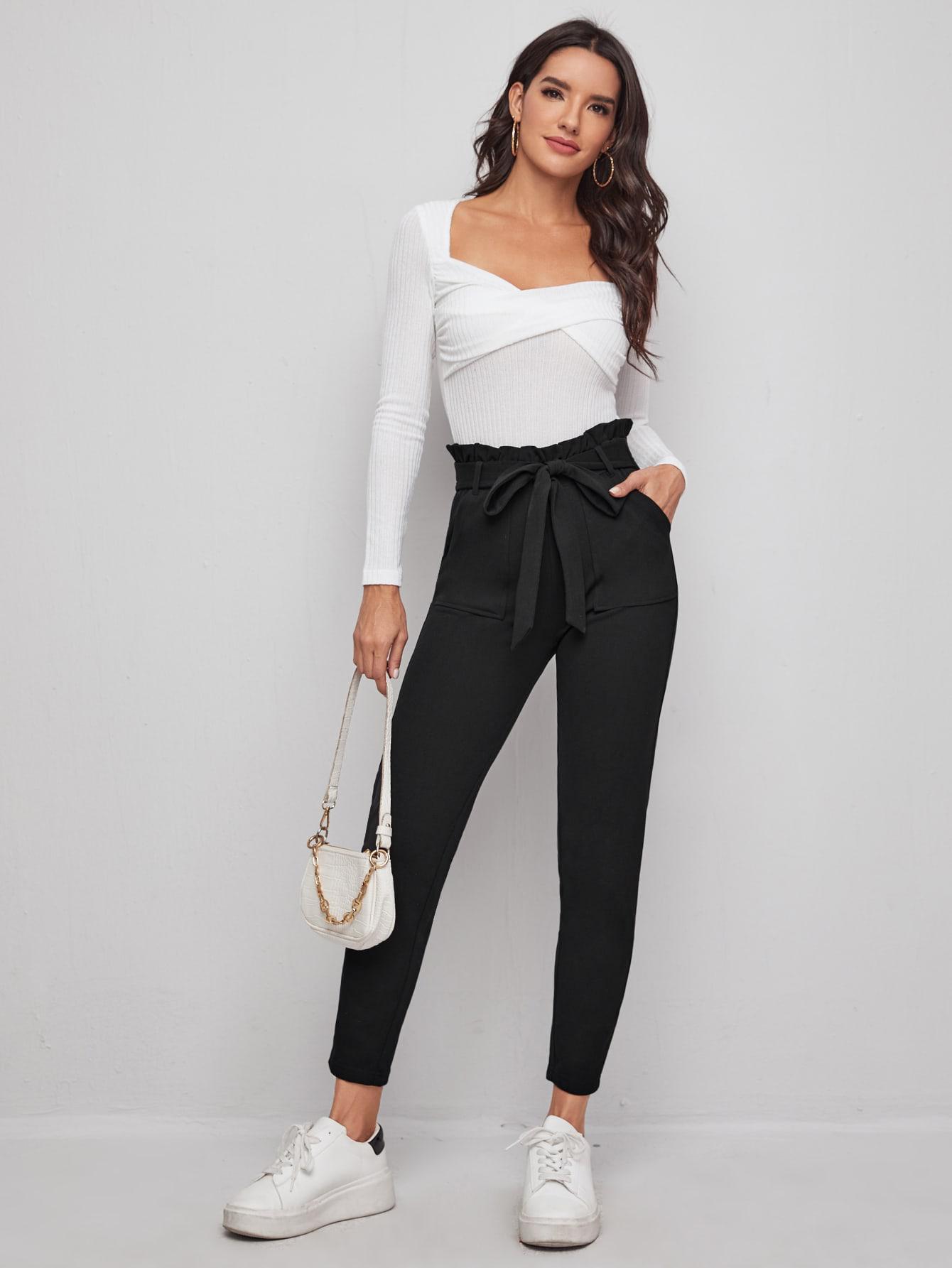 SHEIN CZARNE SPODNIE CASUAL WIĄZANIE S06__S