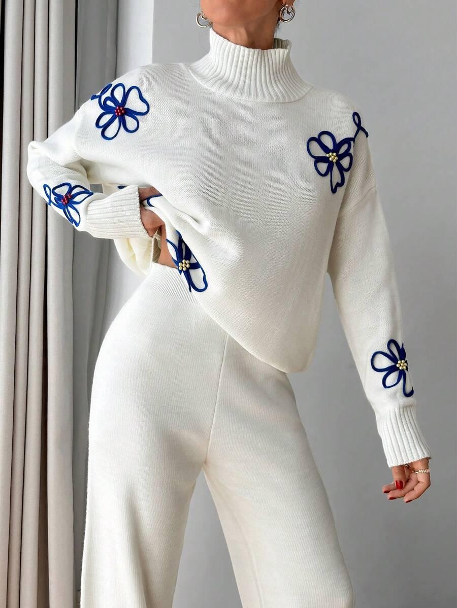 SHEIN DZIANINOWY KOMPLET SWETER SPODNIE HAFT S06__L