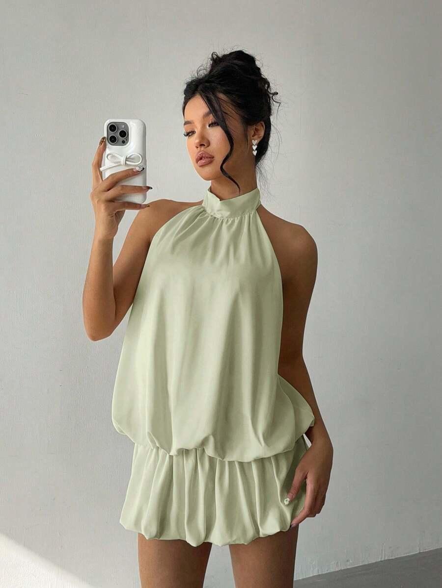 ALORUH ZIELONA MINI SUKIENKA OVERSIZE ODKRYTE PLECY S06__L