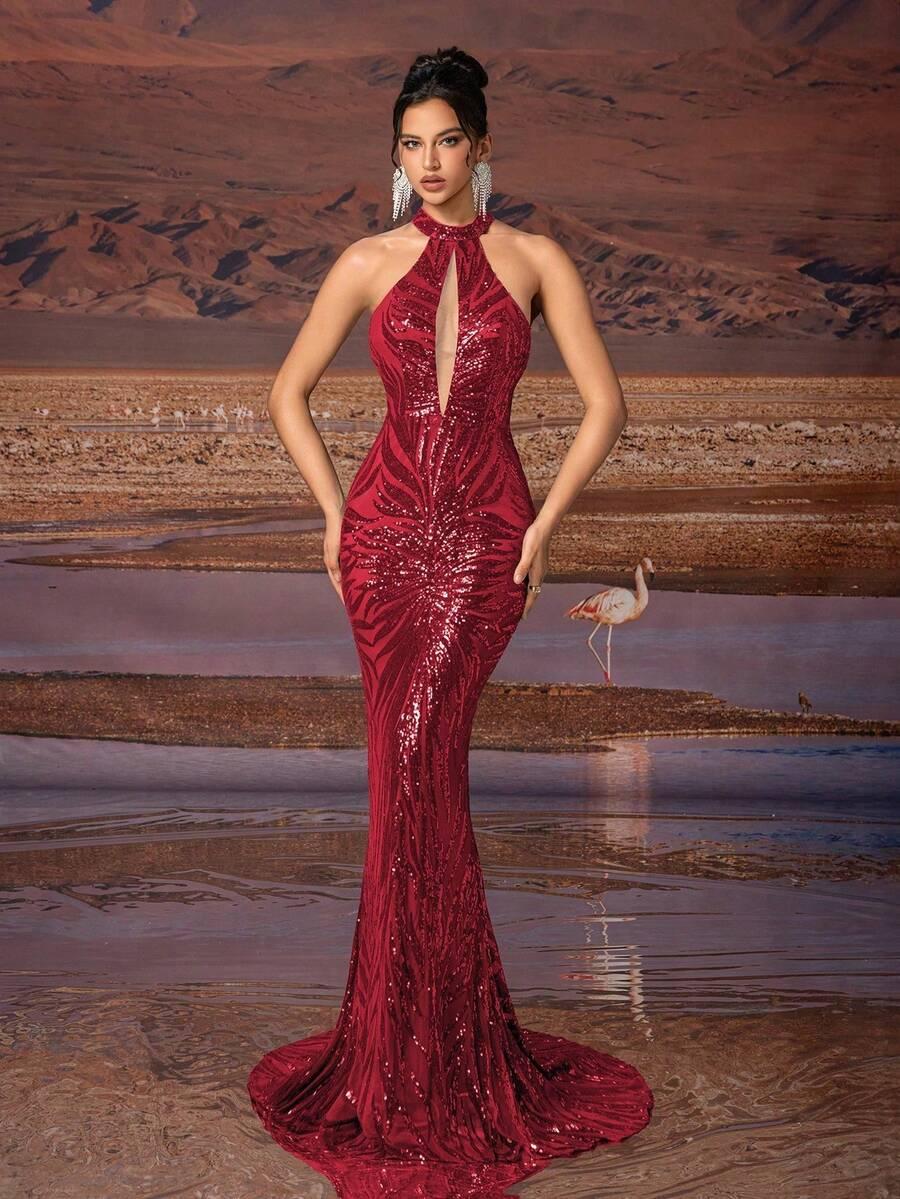 SHEIN CZERWONA MAXI SUKIENKA ZDOBIENIA S06__M