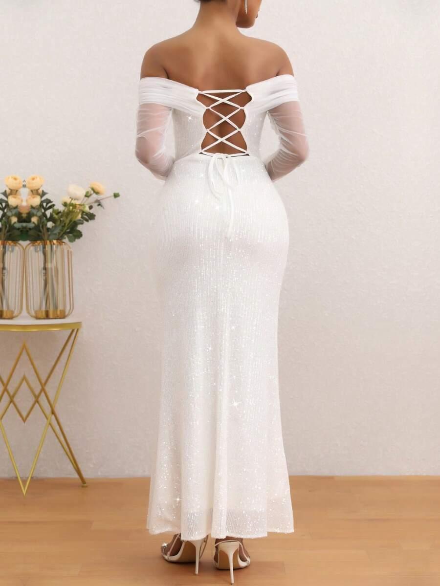 LOVE AING BIAŁA MAXI SUKIENKA CEKINY S06__M