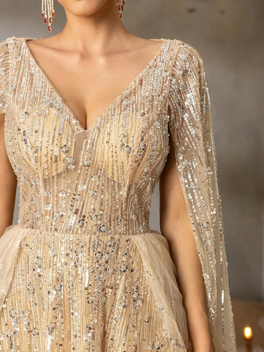 FAERIESTY ZŁOTA MAXI SUKIENKA V-NECK CEKINY PK01__XL