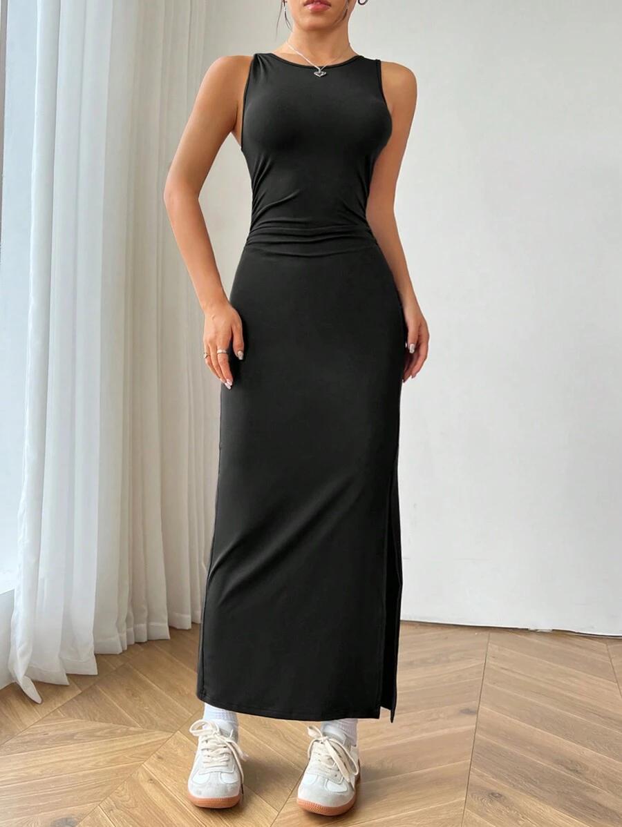 SHEIN CZARNA MAXI SUKIENKA ROZCIĘCIE S06__L