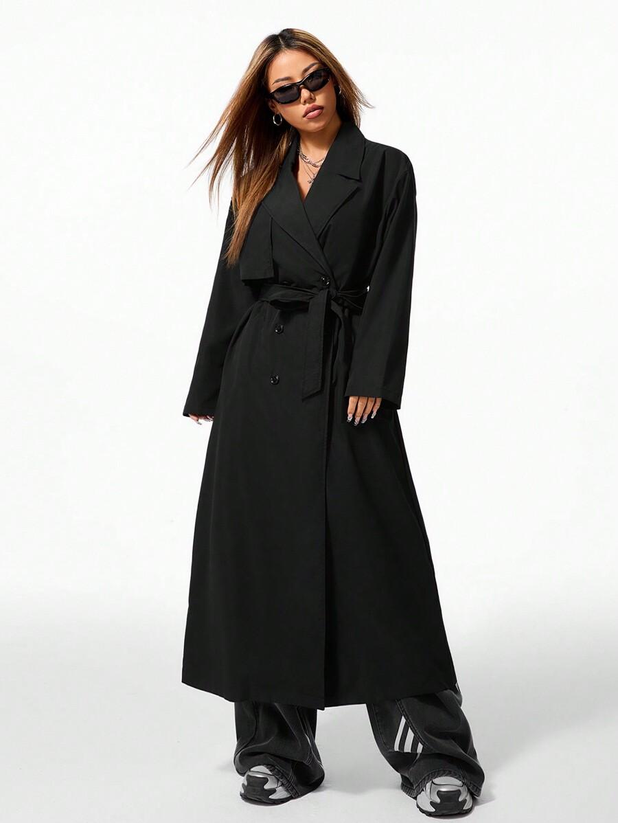 SHEIN CZARNY PŁASZCZ TRENCZ W01__L
