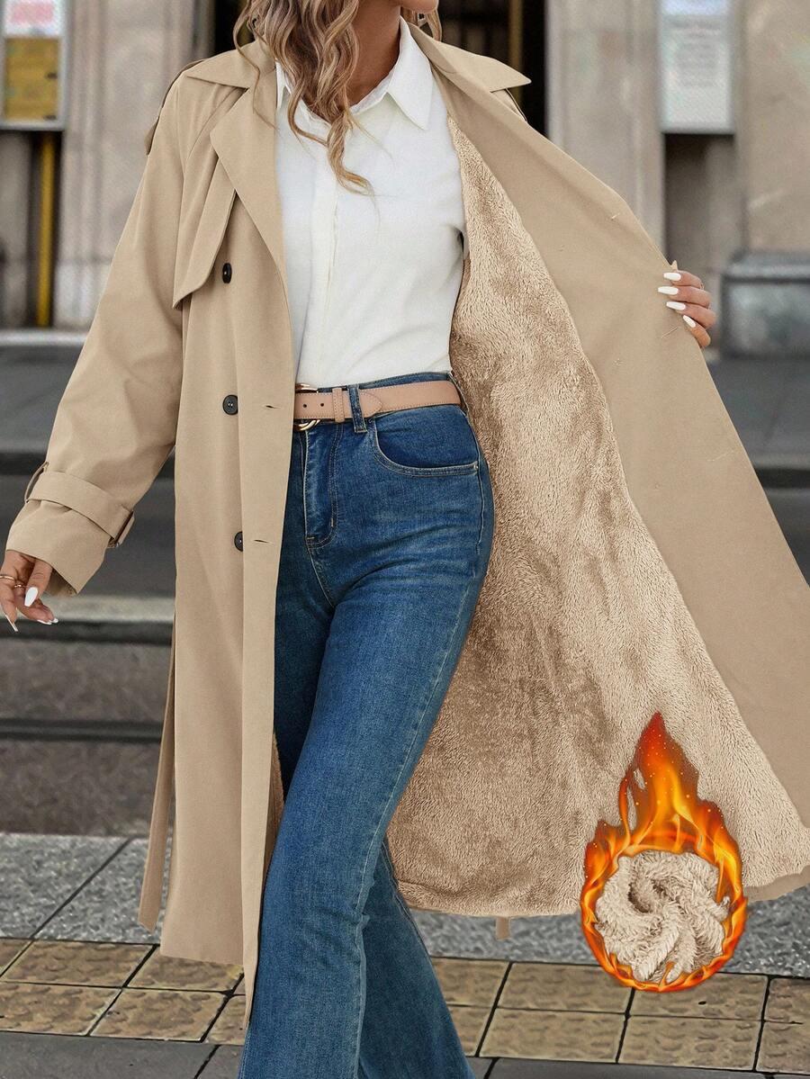 SHEIN BEŻOWY OCIEPLANY PŁASZCZ TRENCZ W01__XL