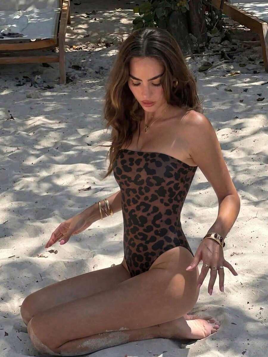 SHEIN JEDNOCZĘŚCIOWY STRÓJ KĄPIELOWY ANIMAL PRINT ODKRYTE RAMIONA S09__L