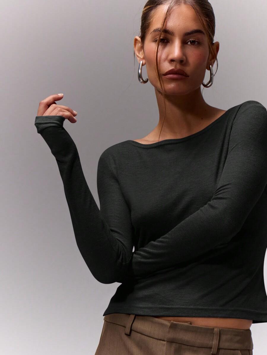 SHEIN CZARNA BLUZKA Z DŁUGIM RĘKAWEM S06__L