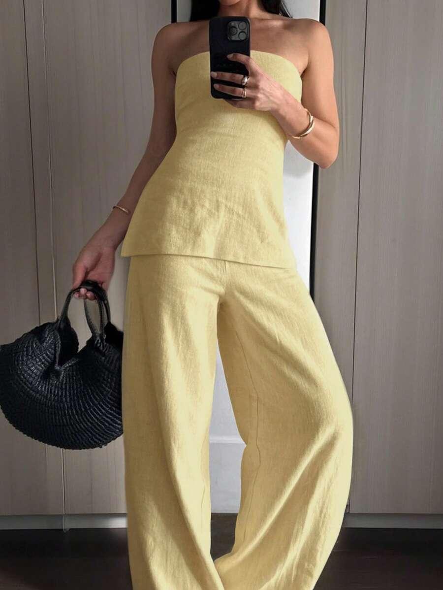 SHEIN ŻÓŁTY KOMPLET TOP SPODNIE S06__S