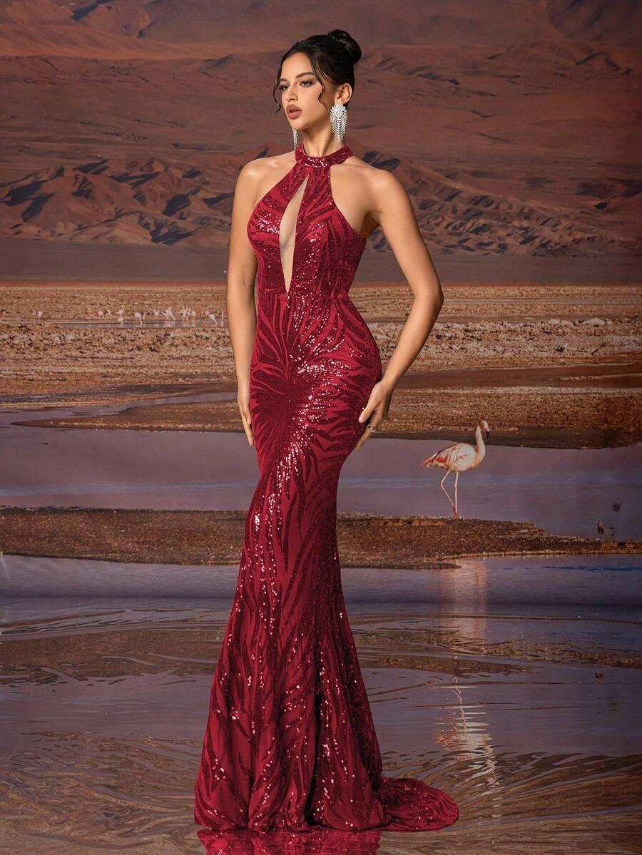SHEIN CZERWONA MAXI SUKIENKA ZDOBIENIA S06__M