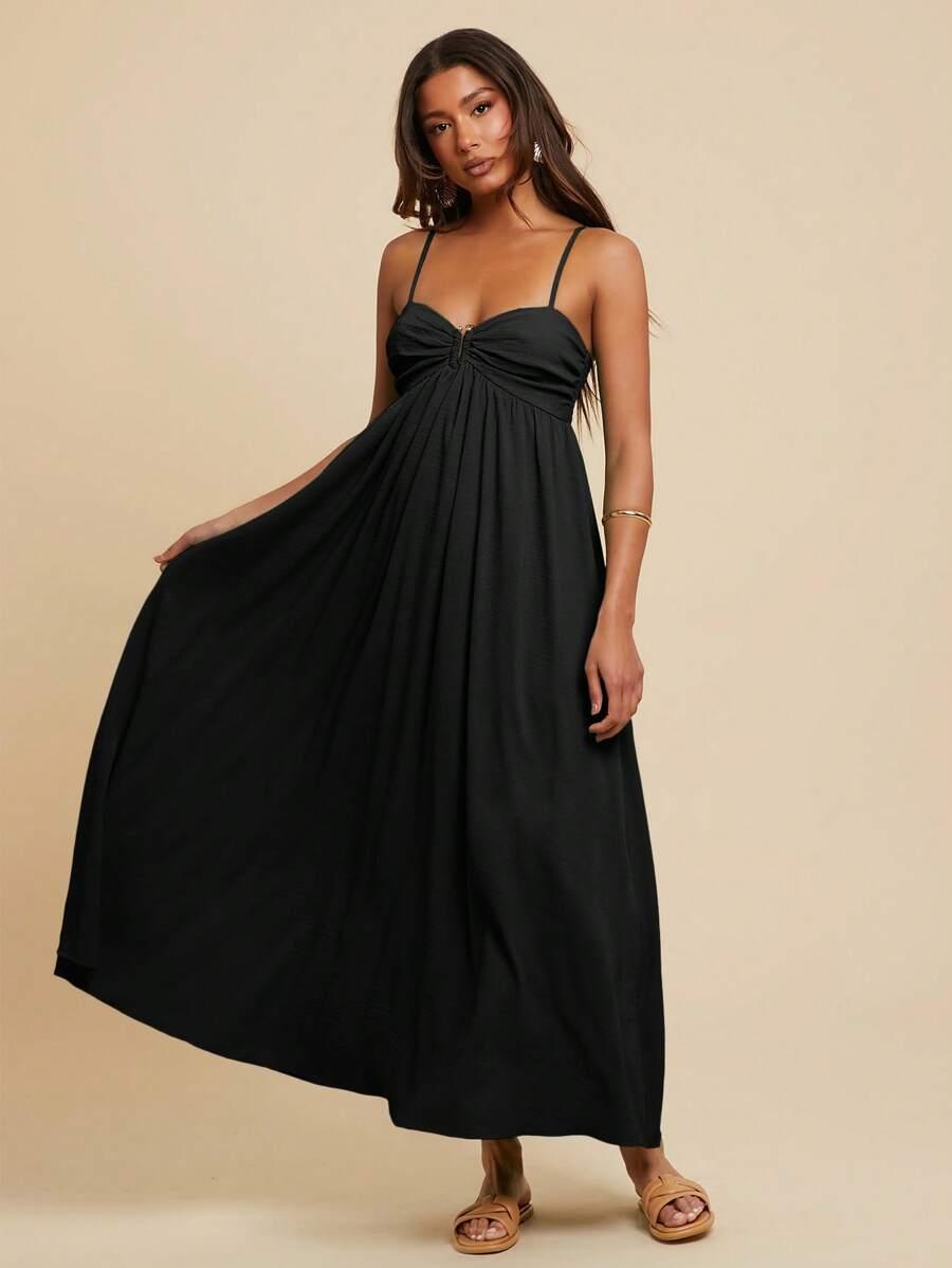 SHEIN CZARNA MAXI SUKIENKA NA RAMIĄCZKACH ZDOBIENIE S06__M