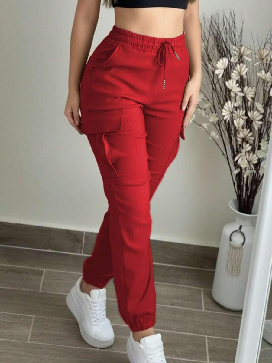 SHEIN CZERWONE SPODNIE KIESZENIE S06__S