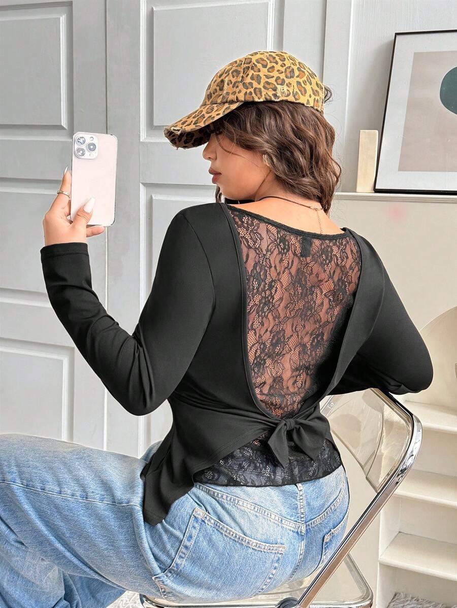 SHEIN CZARNA BLUZKA DŁUGI RĘKAW KORONKA S06__50