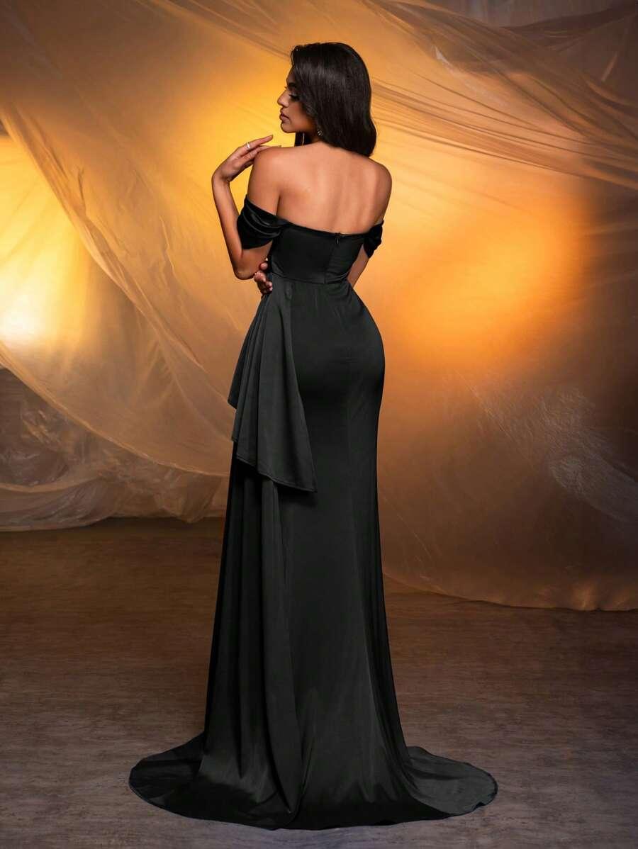SHEIN CZARNA SATYNOWA MAXI SUKIENKA CEKINY