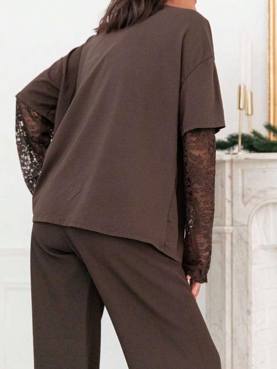 SHEIN BRĄZOWA BLUZKA KORONKA S06__L