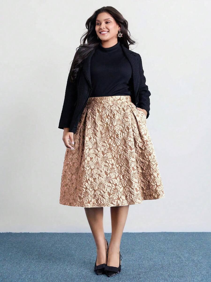 SHEIN BEŻOWA MIDI SPÓDNICA NADRUK S06__48