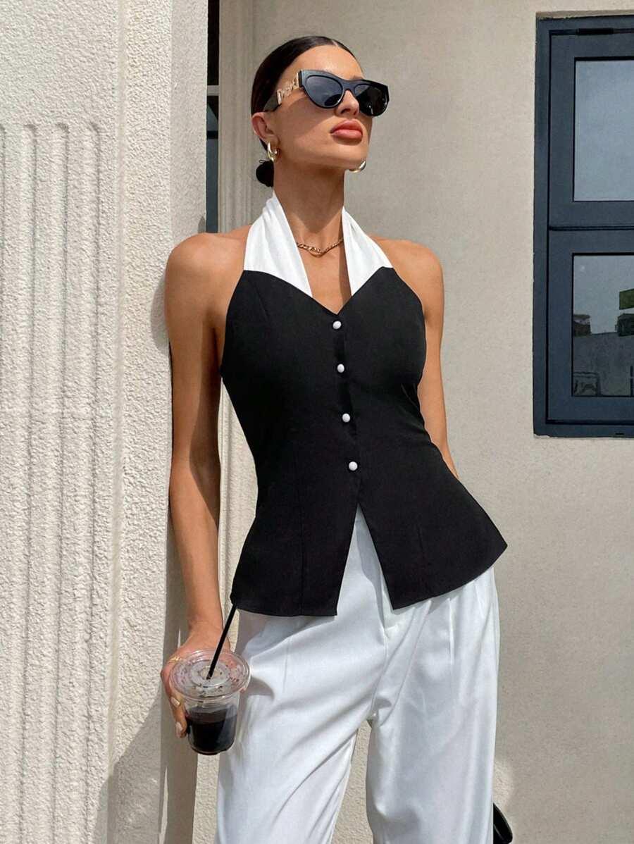 SHEIN CZARNA BLUZKA KONTRAST S06__L