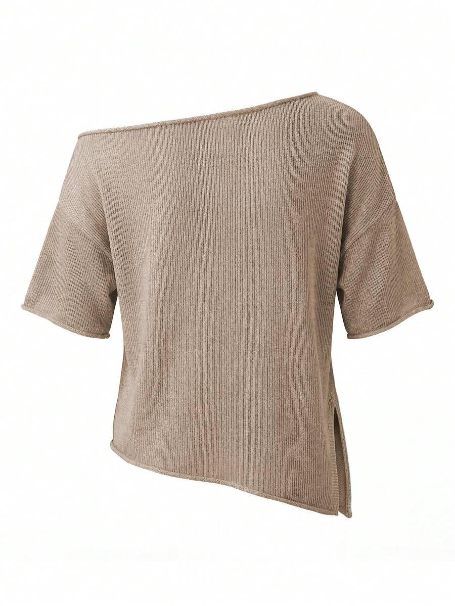 SHEIN ASYMETRYCZNA DZIANINOWA BEŻOWA BLUZKA ROZCIĘCIE PK01__S