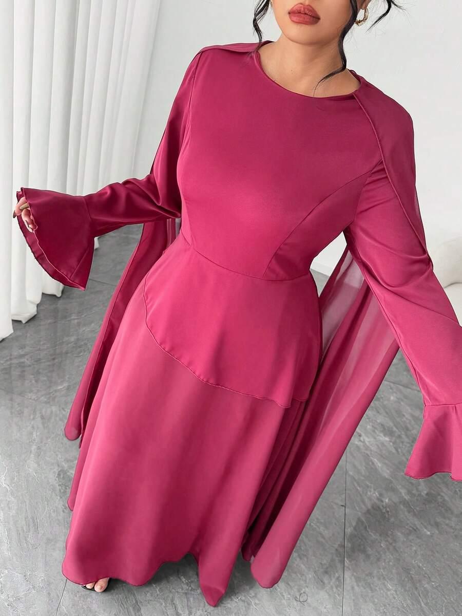 SHEIN BORDOWA MAXI SUKIENKA Z DŁUGIM RĘKAWEM ŁĄCZENIE PK01__52