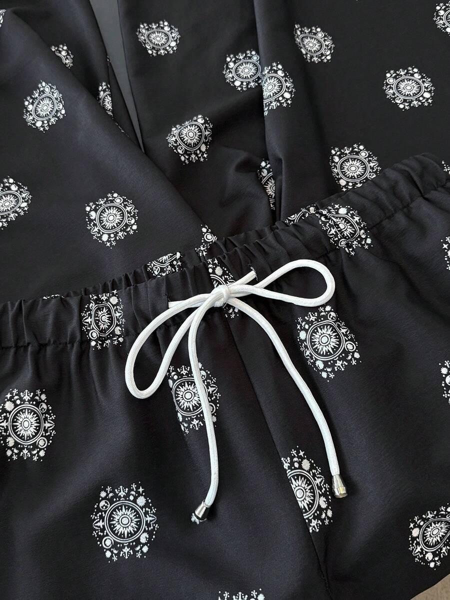 SHEIN CZARNE SPODNIE Z NADRUKIEM WIĄZANIE CASUAL PK01__48