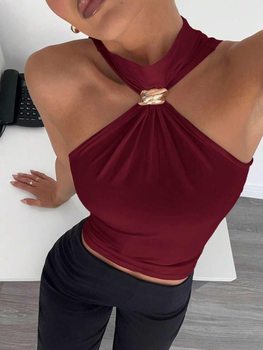 SHEIN BORDOWY TOP ZDOBIENIE PK01__S