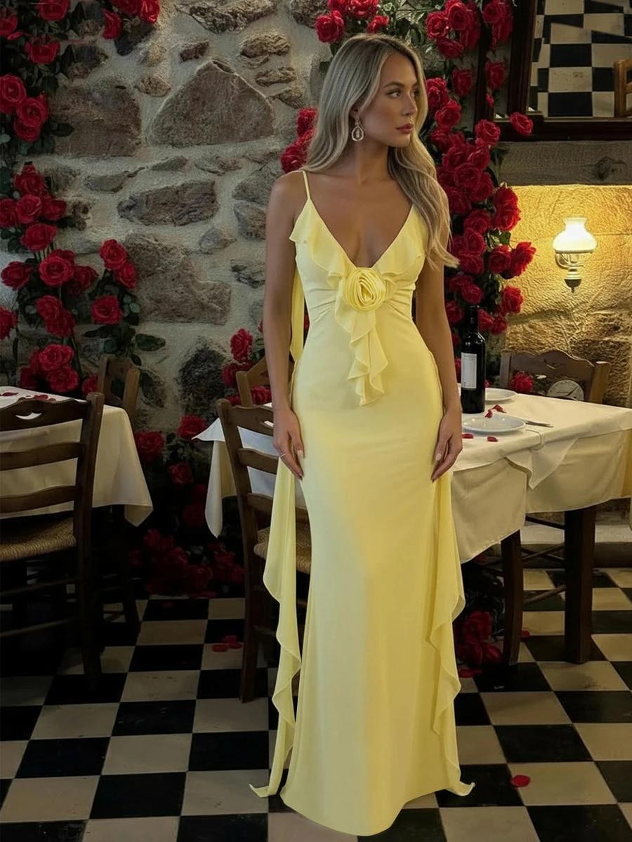 SEDESSEA ŻÓŁTA MAXI SUKIENKA FALBANY MARSZCZENIA ODKRYTE PLECY PK01__S
