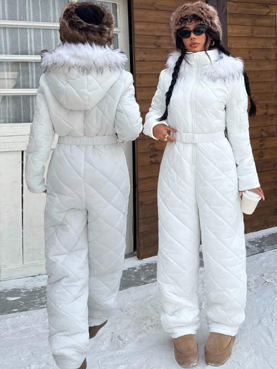 SHEIN BIAŁY KOMBINEZON NARCIARSKI Z KAPTUREM W01__XS