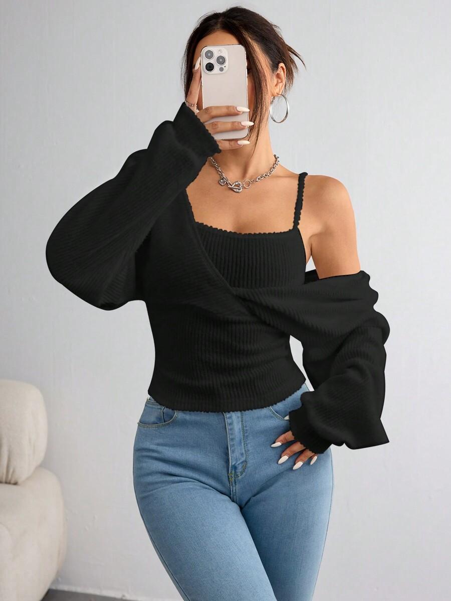 SHEIN CZARNA BLUZKA Z DŁUGIM RĘKAWEM S06__S