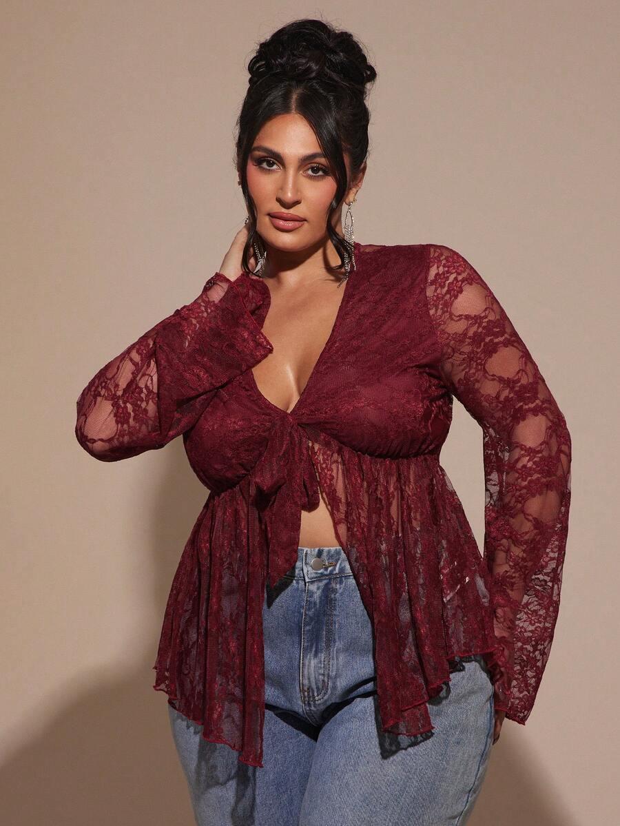 SHEIN CZERWONA KORONKOWA BLUZKA S06__50