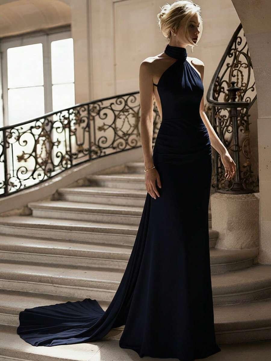 SHEIN GRANATOWA MAXI SUKIENKA ODKRYTE PLECY S06__M