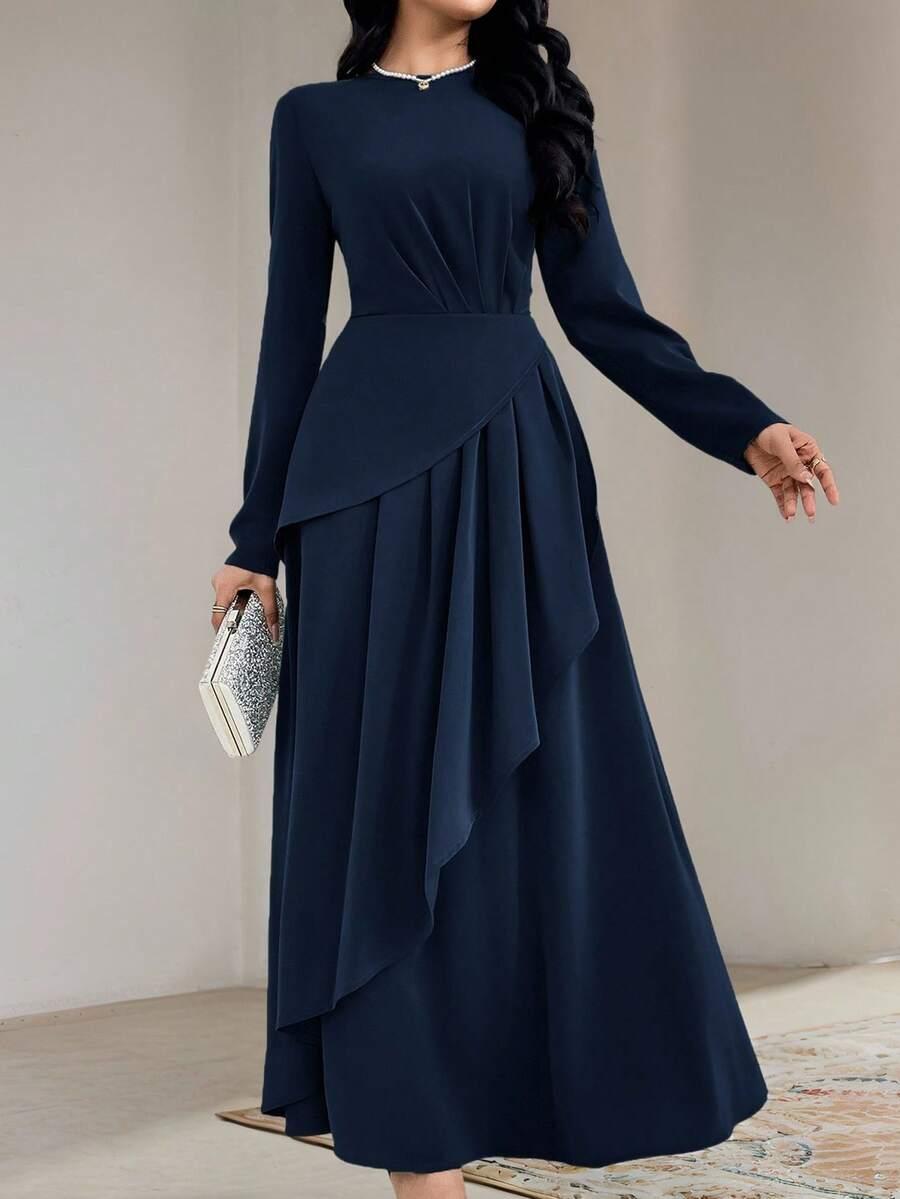SHEIN GRANATOWA MAXI SUKIENKA DŁUGI RĘKAW ROZKLOSZOWANA S06__L