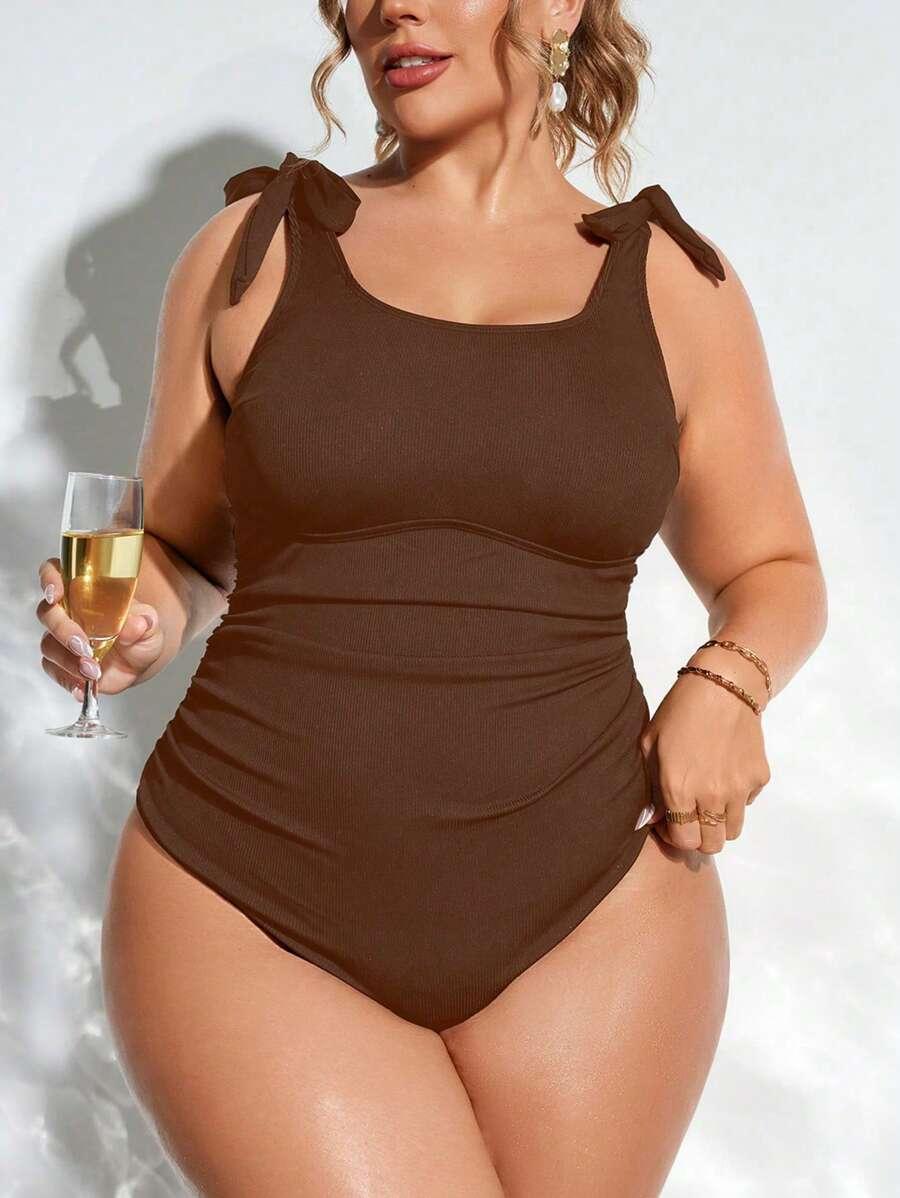 SHEIN BRĄZOWY JEDNOCZĘŚCIOWY STRÓJ KĄPIELOWY PRĄŻKI S09__52