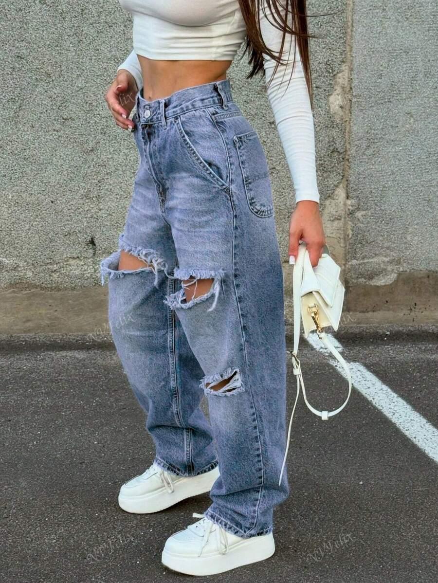 SHEIN NIEBIESKIE SPODNIE JEANS RIPPED S06__XS