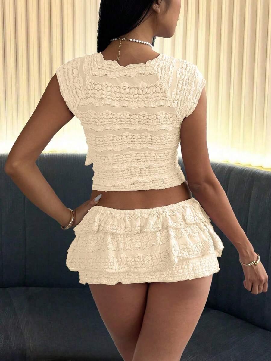 SHEIN CZERWONY KOMPLET TOP SPÓDNICO-SPODENKI FALBANY PK01__S