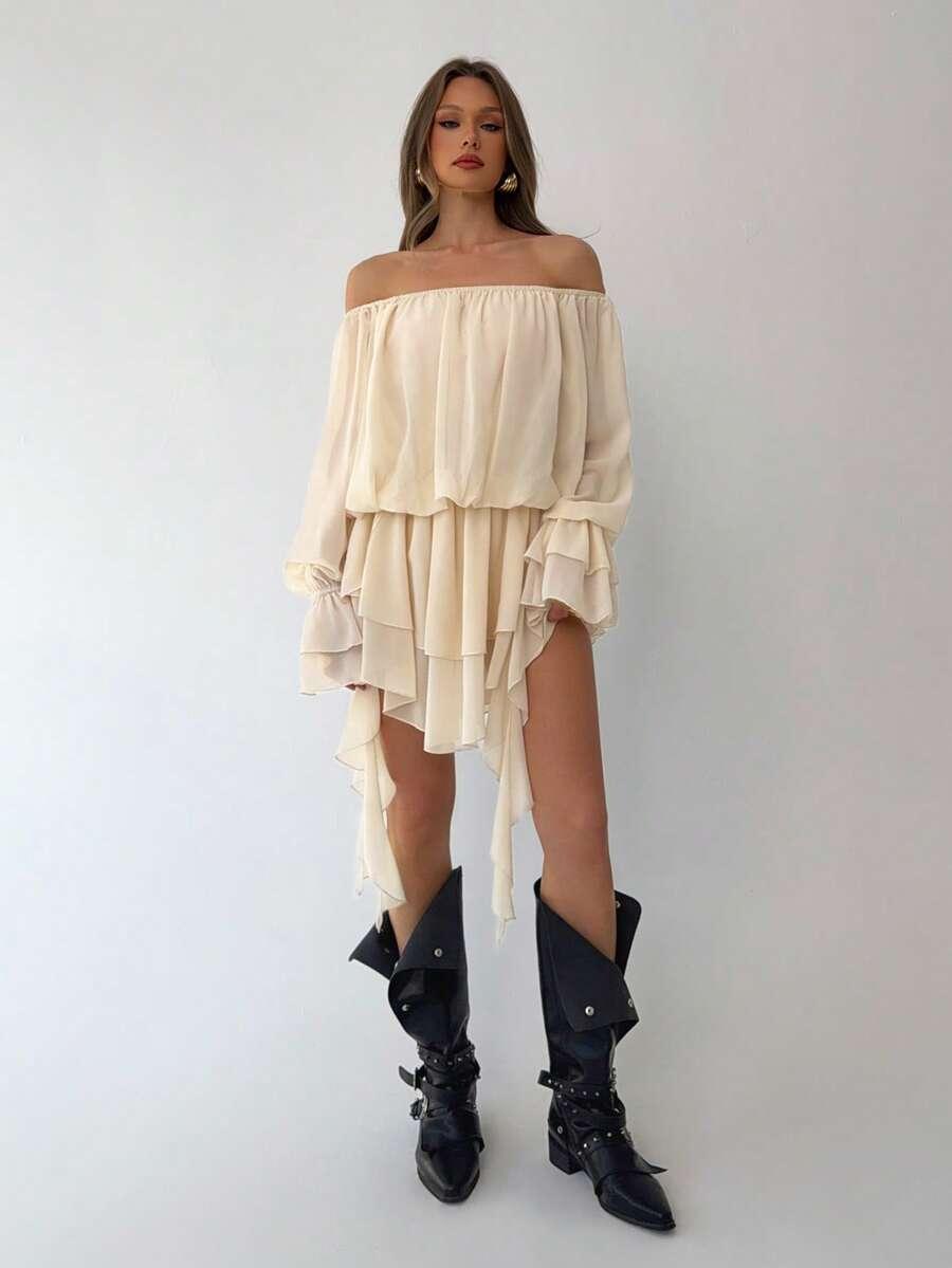 SHEIN BEŻOWA ASYMETRYCZNA MINI SUKIENKA DŁUGI RĘKAW S06__M