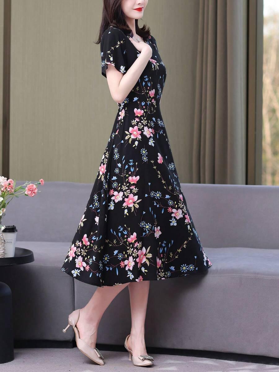 SHEIN CZARNA MIDI SUKIENKA KWIATY S06__XL
