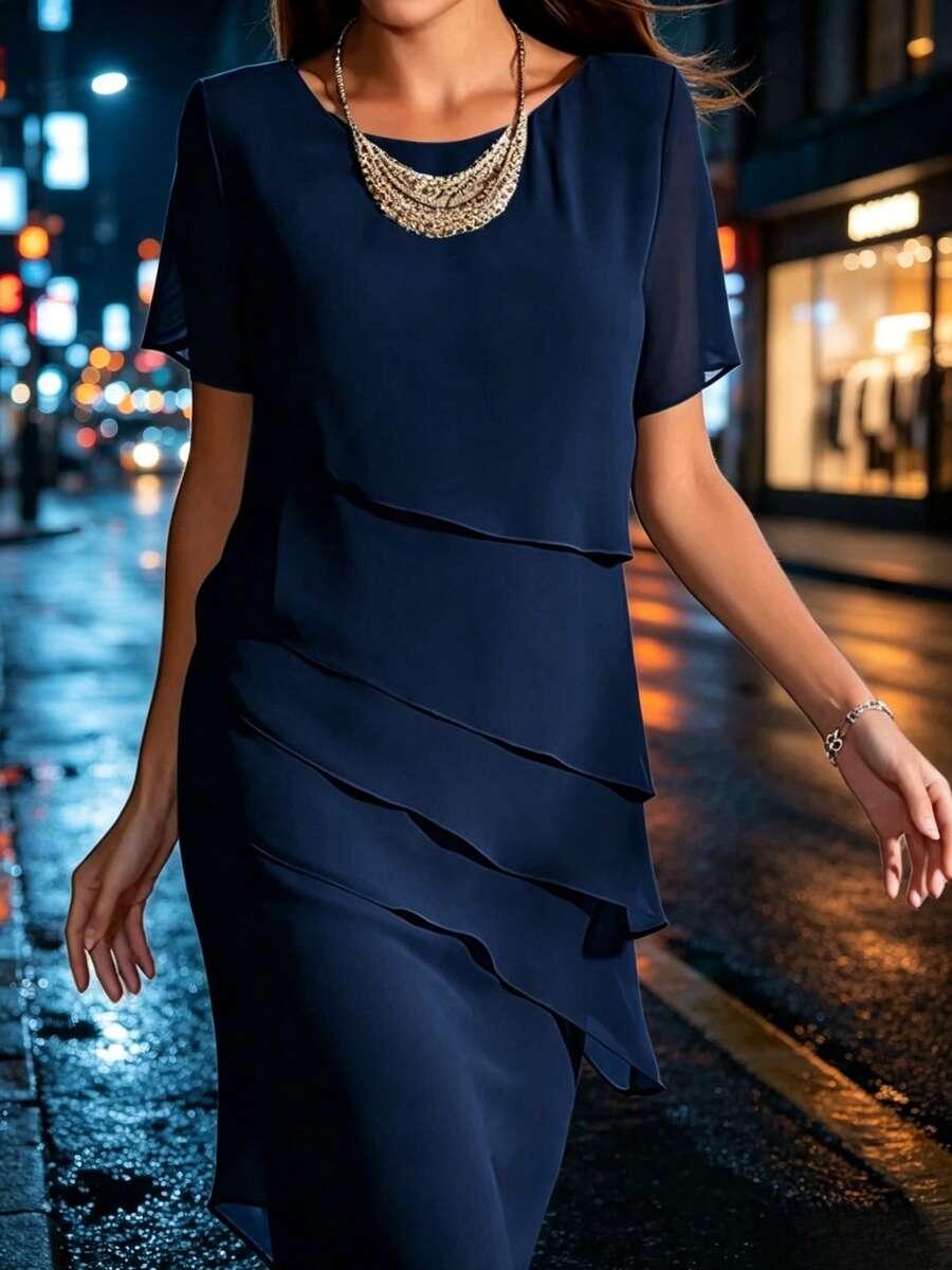 SHEIN SZYFONOWA GRANATOWA SUKIENKA FALBANY PK01__L